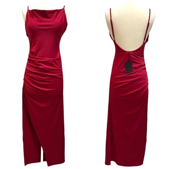 NWT NBD REVOLVE Take It All Maxi Dress Ruche High Slit in Berry Red Size S - Picture 3 of 9